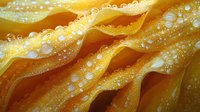 Fresh pasta sheets with water droplets in macro photography, showing golden yellow waves and textures against dark background, creating abstract culinary pattern.
