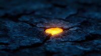 Glowing orange light emerges from dark cracked stone surface creating mysterious atmospheric scene with dramatic contrast between warm and cool tones.