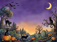 Spooky graveyard scene with black cats, jack-o-lanterns, twisted trees, flying bats, crescent moon, and haunted castle at sunset. Perfect for Halloween designs and seasonal projects.
