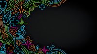 Colorful medical symbols and healthcare icons flowing in decorative waves on black background for health industry presentations and medical marketing materials.