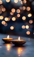Glowing diya lamps with soft bokeh lights in background create peaceful atmosphere for Diwali celebration or meditation space on dark surface.