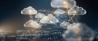 Cloud computing network with glowing connections over modern data center server infrastructure representing digital transformation and technology solutions.