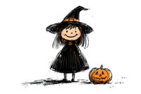 Cute little witch in black dress and pointy hat standing next to carved pumpkin, hand drawn charcoal style illustration on white background for Halloween designs.