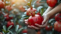 Hand holding ripe pomegranate fruit in orchard with blurred trees in background, showcasing fresh harvest from farm.
