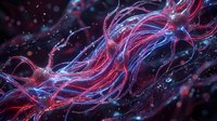 Glowing neural network with red and blue neon fibers on dark background, depicting brain cells and synaptic connections in futuristic style.