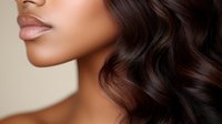 Close up profile of African American woman with glossy lips and wavy dark brown hair against neutral beige background, showcasing natural beauty and healthy hair texture.