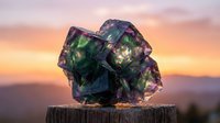Stunning fluorite crystal specimen with purple and green hues displayed on wooden surface against dramatic sunset sky backdrop for geology and mineral collection.