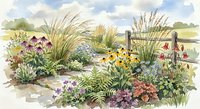 Watercolor garden landscape with ornamental grasses, colorful flowers and plants creating natural border design for landscaping projects.
