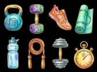 Fitness and gym equipment collection with kettlebell, dumbbells, sneaker, yoga mat, water bottle, jump rope, weight plates and stopwatch isolated on transparent background. Ready for t-shirt design, clipart, stickers and print-on-demand products.