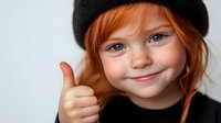 Young redhead child wearing black beanie hat and dark shirt showing thumbs up gesture with positive cheerful expression against light background.