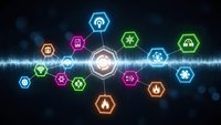 Digital technology network with glowing hexagonal icons and sound wave visualization on dark blue background for modern business presentations.