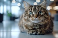 Adorable tabby kitten with striking blue eyes sitting on reflective surface in modern indoor setting with soft bokeh lighting background.