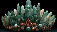 Isolated green and orange mineral cluster with pointed crystalline formations and polished spheres arranged on black background, suitable for design, jewelry, and decorative projects.