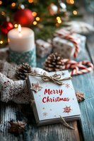 Cozy Christmas composition with greeting card, lit candle, pine cones, candy canes and wrapped gifts on rustic wooden table against blurred lights background.