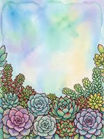 Watercolor succulent garden border with pastel blue, green, and pink tones, featuring detailed rosette plants on a soft gradient background.