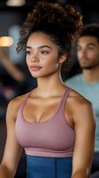 Young mixed race woman with curly hair in pink sports bra at fitness center. Natural makeup and confident expression during workout session. Wellness and active lifestyle concept.