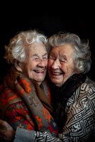 Senior Caucasian women with silver hair laughing together, wearing patterned sweaters against dark background. Genuine emotional moment capturing joy and friendship.