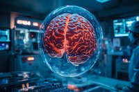 Glowing red human brain enclosed in transparent sphere floating in futuristic laboratory environment with blue technological background and medical equipment.