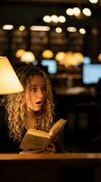 Young blonde woman with curly hair reading book in cozy library with warm lighting and surprised expression on face for education and learning concepts.