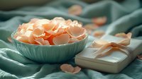 Delicate peach rose petals scattered in turquoise ceramic bowl next to wrapped gift box on soft mint green fabric, creating romantic and gentle composition.