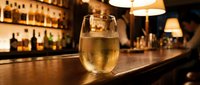 Glass of white wine on wooden bar counter in upscale restaurant with bottles and warm lighting creating elegant dining atmosphere for hospitality industry.