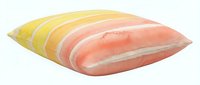 Decorative pillow with gradient striped pattern transitioning from yellow to coral, isolated on white background, suitable for home decor and interior design projects.