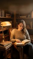 Young woman reading book in cozy library with warm lamp light, surrounded by vintage books on wooden shelves, peaceful evening study atmosphere.