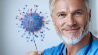Mature male medical professional with gray beard in blue scrubs holding molecular model of coronavirus, smiling confidently at camera. Healthcare concept.