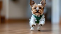 Playful Yorkshire Terrier puppy in green vest jumping and floating mid-air against blurred interior background, showing energetic movement and joyful expression.