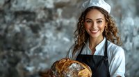 Young female baker in chef uniform and black apron holding freshly baked artisanal sourdough bread against rustic concrete wall background, showcasing culinary expertise.