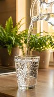 Water pouring from pitcher into glass with fresh green plants in background, ideal for hydration, wellness, and healthy lifestyle concepts.