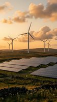 Wind turbines and solar panels generating renewable energy at sunset with dramatic golden clouds over rural landscape for sustainable power concepts.