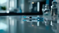 Medical syringe with blue liquid on reflective surface in laboratory setting, shallow depth of field creates dramatic healthcare atmosphere.