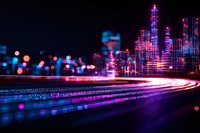 Futuristic night cityscape with glowing neon lights and digital grid lines, featuring purple and blue illuminated skyscrapers against dark background. Modern urban concept.