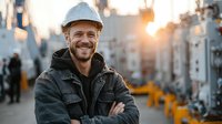 Smiling Caucasian male construction worker in hard hat and work jacket at industrial site during golden hour sunset with arms crossed confidently.