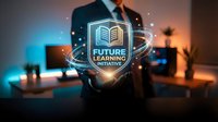Professional man in business suit displaying holographic education emblem with glowing digital interface in modern office environment, representing online learning, technology advancement, and corporate training solutions.