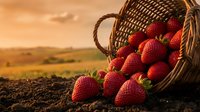 Fresh ripe strawberries spilling from wicker basket on fertile soil during golden hour sunset over agricultural farmland for organic farming concepts.