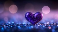 Purple glitter heart shape on sparkly surface with dreamy bokeh lights in blue and pink tones creating romantic atmosphere. Perfect for Valentine's Day designs.