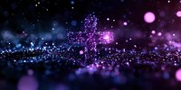 Glowing cross formed by sparkling particles against dark background with purple and blue bokeh lights, spiritual atmosphere for religious and faith concepts.