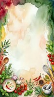 Watercolor culinary frame with herbs, garlic, tomatoes, chili, spices and kitchen tools on a soft textured background with copy space.