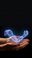 Glowing neon arm hologram floating above cupped hands against dark background for futuristic technology and digital health concepts.