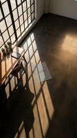 Minimalist interior with warm sunlight casting grid shadows on concrete floor, wooden desk, small plants, and a card with hello text near window.