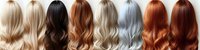 Long wavy hair samples showing different natural and fashion colors from platinum blonde to black and ginger red arranged in horizontal row on white background.