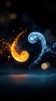 Magical swirling waves of fire and water creating yin yang symbol effect with glowing particles and sparkles against dark background reflecting on water surface.