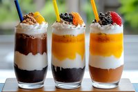Layered dessert parfaits in tall glasses with colorful fruit toppings and whipped cream, served with bright straws for a refreshing summer treat.