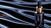 Dark glass dropper bottle with copper cap on flowing black silk background, luxury cosmetic product photography for beauty and skincare advertising.