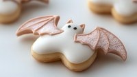 White and rose gold bat-shaped sugar cookie with royal icing decoration on light background, Halloween themed baked dessert for festive treats and parties.