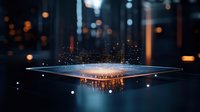 Digital tablet floating in dark space with glowing particles and light reflections creating futuristic technology concept for business innovation and AI advancement.