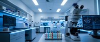 Modern laboratory interior with microscope and test tubes for scientific research and medical analysis in sterile clinical environment.