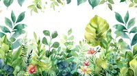 Watercolor tropical garden border with lush green foliage, monstera leaves, delicate pink flowers and botanical elements on white background. Seamless horizontal design.